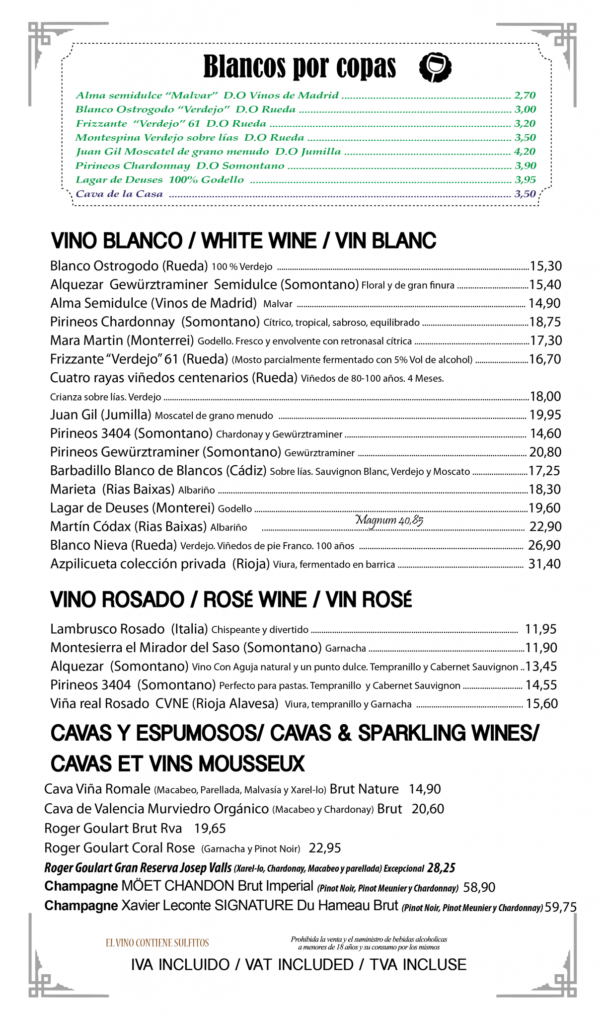 Vinos Blancos, Rosados y Espumosos